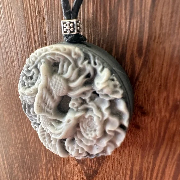 Tai Chi Stone Phoenix an Dragon Pendant Necklace on Black Adjustable Rope - Picture 10 of 13